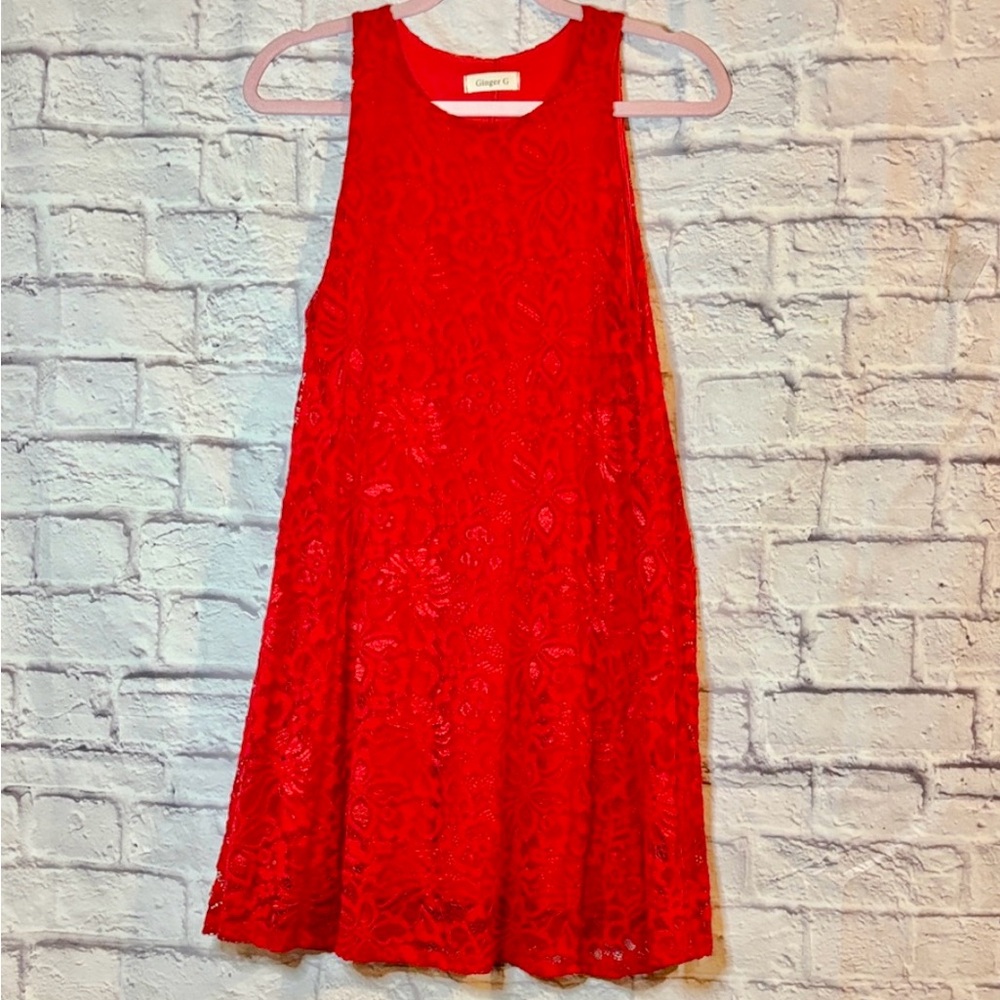 🔵Lace Vibrant Red Lace Sleeveless Dress - Picture 2 of 7